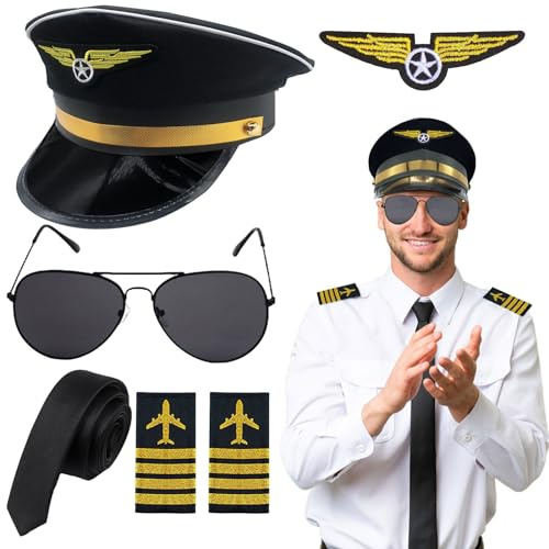 Beamely 5Pcs Airline Pilot Captain Hat Costume Accessories Set, Pilot Fancy Dress Kit with Captain Hat Armband Badge Sunglasses Tie Cosplay Outfit for Adults Teenager Cosplay Dress up Party