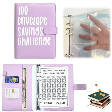 XQMMGO 100 Briefumschläge Geld Sparen Challenge, Sparbuch für Geld, A5 Geldspar-Ordner mit Geldumschlägen und 25 Karten, für Paare, Büros, Zuhause, Schule (Lila)