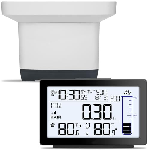 Wireless Rain Gauge Outdoor, Self-Emptying Digital Rain Gauges Outdoors Best Rated, Electronic Rain Measure Gauge for Garden, Freeze Proof Rain Gauge with Thermometer, Remote Rain Meter for Yard