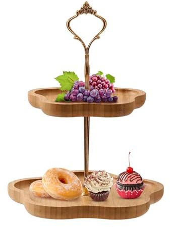 Zasjon Soporte para Tartas de 2 Pisos Soporte Tartas de 2 Estantes de Madera, Tartas Soporte Cupcakes Expositor Tartas, Bandejas para Tartas Dulces Frutero Pasteles, Ø 14,4cm, 19,2cm,H 25cm