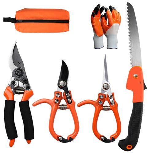 Lot de 6 sécateurs avec sécateur Bypass - Sécateur de jardin - Sécateur à arbre - Scie - Gants - Sac de rangement - Sécateur manuel pour plantes