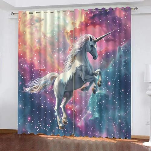 Generisch Gardinen Einhorn Pferd 2 Stück H 245Cm X B 140Cm,Vorhang Galaxie Blickdicht Ösen 2Er Set,Verdunklungsvorhänge Lichtundurchlässig Kinderzimmer,Kinder Vorhang Verdunkelung,C26