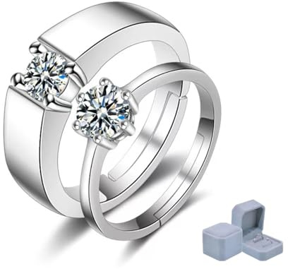 LAOYEFACAI 2 st ring 925 sterlingsilver par ringar sten ring med kubisk zirkonia kristall moissanitring öppna justerbara ringar kvinnor, Silber, Silber