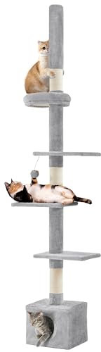 Yaheetech Kratzbaum Deckenhoch XXL, Höhenverstellbar 226-265 cm, Moderner Katzenbaum mit Kratzsäulen & Katzenhaus, Hellgrau