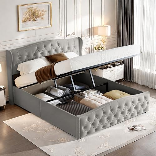 JiaOyu Polsterbett 160x200 cm, Hydraulisches Stauraumbett mit Stil und Komfort, Funktionsbett Jugendbett Inklusive Lattenrost und Modernem Kopfteil, Samt, Ohne Matratze (grau, 160x200cm)