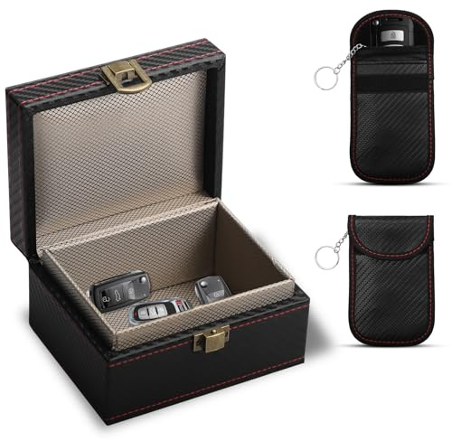 QinyOulhause Faraday Box para Llaves de Coche + 2 Bolsas Faraday – Bloqueador de Señal RFID Keyless Go Protección Antirrobo Anti-Escaneo Anti-GPS Estuche Blindado 11.5×9.1×6.3 cm Negro