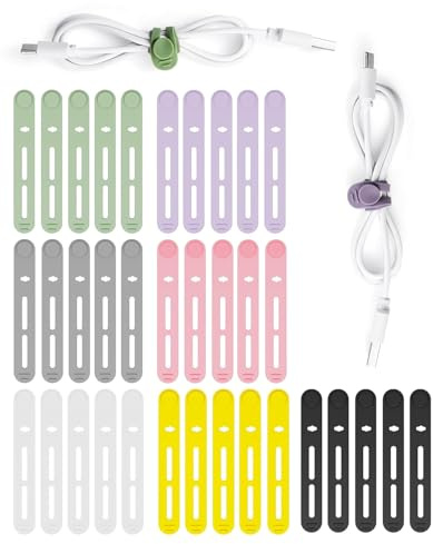 HUVZOR 35 Pezzi Fascette Cavi in Silicone, Fascette Multiuso in Silicone Riutilizzabili, 7 Colori, Fascette Elastiche Richiudibili per Gestione & L'organizzazione dei Cavi