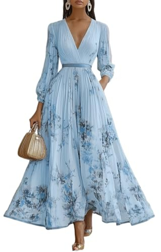 Minetom Donna Vestiti Lunghi da Matrimonio Elegante Collo V Vestito A Pieghe Stampa Floreale Chiffon Abito Maxi Damigella Sera Cerimonia B1 Blu L