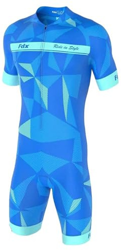 FDX Men Cycling Skinsuit Short Sleeve 3D Padded Triathlon Suit Blue L