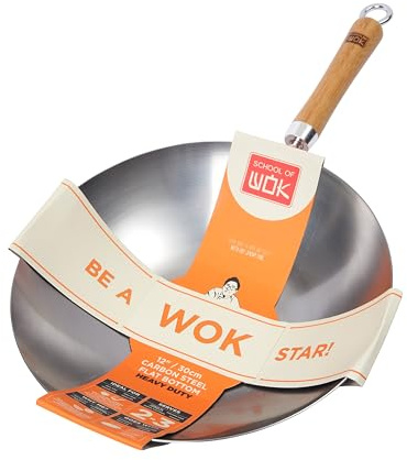 School of Wok - 12/30cm Heavy Duty Carbon Steel Wok, Flat Bottom, Bamboo Handle