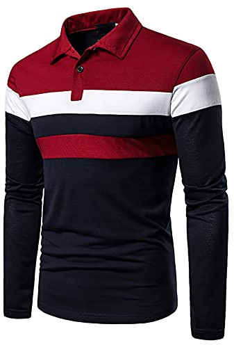Men's Polo Shirt Long Sleeve Stripe Casual Golf T-Shirts Work Tee Tops Rugby Tennis Golf Pique T-Shirts Red Navy, XL