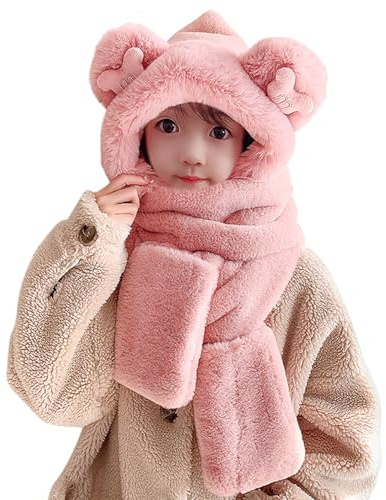 3 en 1 Enfant Bonnet Echarpe Gant Hiver en Peluche Chaud Mignon Chapeau d’Hiver Polaire pour Garcon Fille Tour de Cou Doux Épais Bonnet Bob d’Hiver Coupe-Vent pour Sport Ski 3-8 Ans