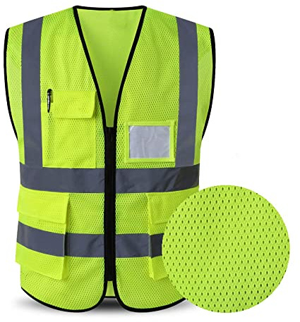 ETTBC Gilet di Sicurezza Riflettente con Tasche e Cerniera, Strisce Riflettenti ad Alta Visibilità, Multi Tasche Gilet in Rete ad Alta Visibilità Regolabile
