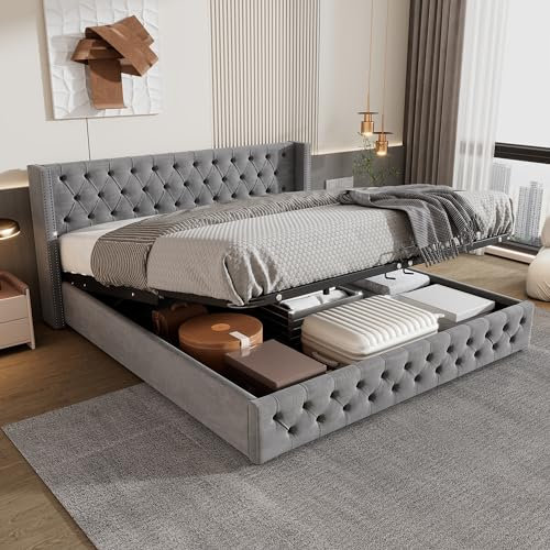 FEZTOY Polsterbett Doppelbett 140x200, Hydraulisches Funktionsbett Bettunterseite - Ohrenform Kopfteil, Stauraumbett Bett Modernes Bettgestell mit Stauraum, Ohne Matratze
