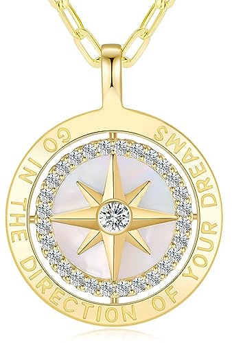 LOUISA SECRET Gold Halskette Damen Silber 925 Kompass Kette Anhänger Weißer Zirkon Schmuck Damen Geschenk für Sie Frau Freundin an Geburtstags Weihnachten Valentinstag