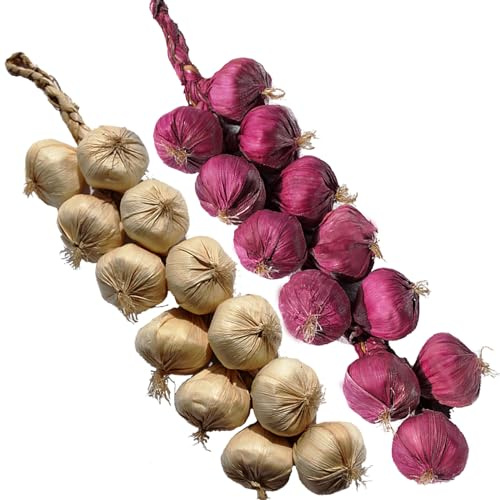 Tuxiaobu Verdure artificiali aglio cipolla corde per la decorazione realistica finto aglio finto stringa imitazione decorazioni vegetali in plastica per cucina ornamento casa - 2 corde