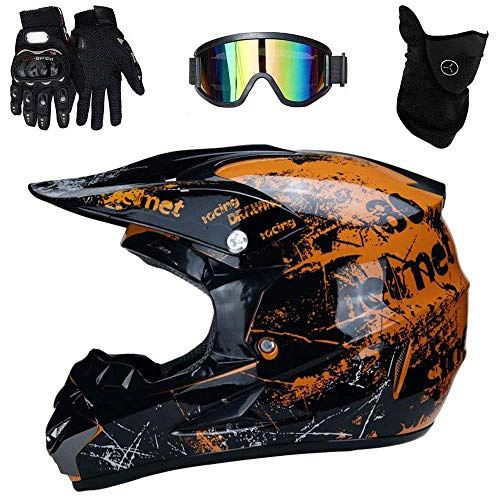 Youth Kids MTB Motocross Helmet Set, with Goggles Gloves Mask, Unisex Full Face Off Road ATV Motorbike Helmet, DOT Certified Downhill Enduro DH Quad Dirt Bike Crash Helmet (Color : Orange, Size : M/