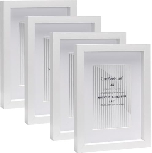White A5 wooden Photo Frame Set of 4 with Mount for 4X6, Boxed Gallery Picture Frames A5 4Pack,4X6 inch 4Pack Oxford Modern Thin Picture Frame With Glass Window for Tabletop or Wallmounted