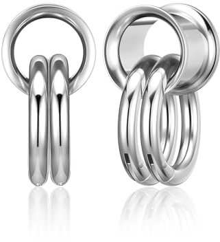 PiercingJak Ohr Flesh Tunnel Double Flared Plug mit Ringen Edelstahl Gewichte Ohrhänger für Gestreckte Expander Ohrpiercing 10mm Ohrplugs Punk Schmuck Damen Männer, 1Paar
