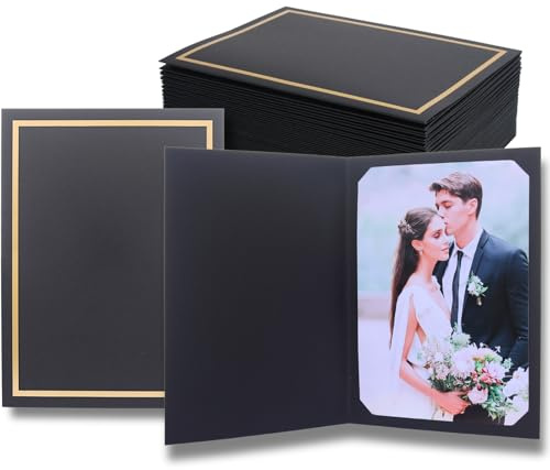 Apprabbr 50 Pcs Photo Folders for 4x6 or 5x7 Pictures,Paper Picture Frames, Cardboard Greeting Photo Frame Cards for Christmas New Year Wedding Birthday Classroom DIY Craft (Black with Gold Foil)