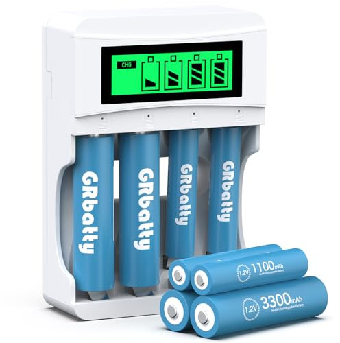 GRbatty Cargador Pilas Recargables AA y AAA 1,2 V 4 Piezas de AA 3300mAh y 4 Piezas de AAA 1100mAh Ni-MH Batería Recargables de 1200 ciclos con LCD Cargadores