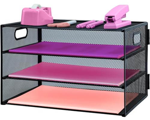 ideallife 3 Tier Mesh Desktop File Organizer, Paper Letter Tray Organiser, Mesh Desktop Storage with Sliding Trays for Home &Office Supplies(Black)