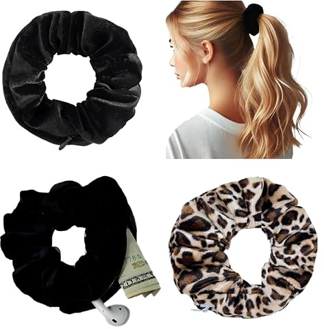 Secret Diversions Safe Scrunchie with Zipper Pocket - Hidden Compartment Pocket Hair Tie for Valuables,3 Pack Velvet Stash Scrunchie Disguise container for Cash, Keys, Travel Pill Box and Everyday Use