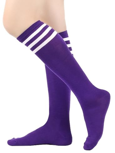 BrightGlow Calze al ginocchio da donna Calze sopra il ginocchio alte Retrò con strisce Calze lunghe sulle cosce Calze alte a righe Calze da donna Calze sportive Taglia unica, Lilla, Taglia unica