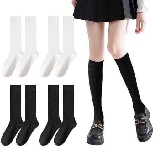 UILYNIU 4 Paar Kniestrümpfe Damen, Lange Socken, Knee High Socks, Unisex Kompressionsstrümpfe, Hohe Socken, Sportsocken, Lange Trachtenstrümpfe für Sport, Laufen, Reisen, Radsport (Schwarz, Weiß)