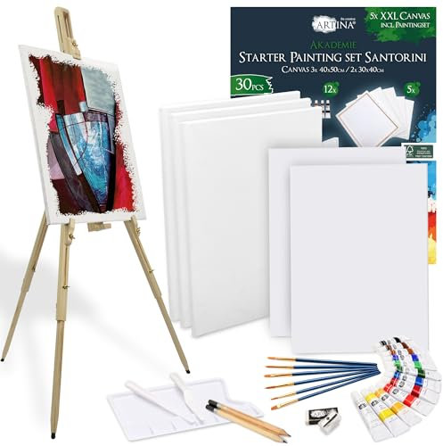 Artina 30pc Set Pintura Acrílica Santorini & Caballete Madera para Lienzos de 100 cm Malaga – Kit Pintura con Lienzos, 12 Colores, Pinceles y Caballete Campo Portátil para Principiantes Artistas