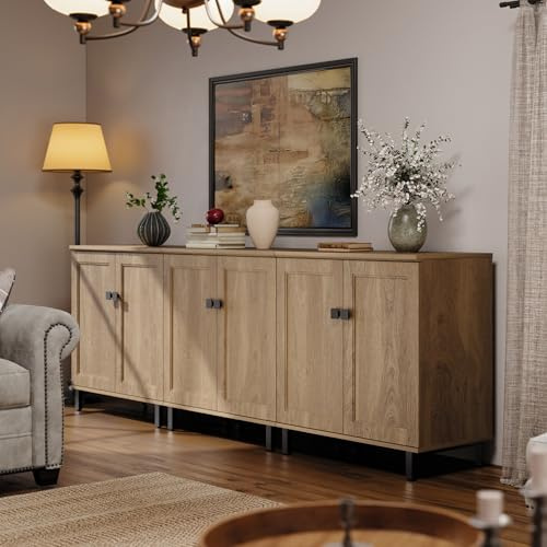 FENSULN Buffet Sideboard Cabinet Farmhouse Modern 3 in1 Storage Cabinet with Adjustable Shelves for Kitchen, Coffee Bar, Living Room, Oak