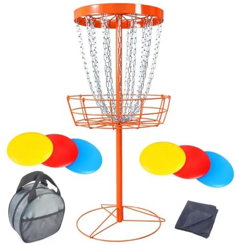 SUCRFXJ Tragbarer Discgolf-Korb, Discgolf-Ziel mit robusten 24-Ketten, Discgolf-Übungs-Torkörbe, Standausrüstung for Discgolf-Zubehör im Freien, for Hinterhöfe, Parks, Camping, Schule(Orange)