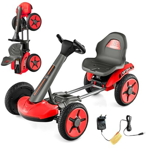 COSTWAY 12V Kinder Elektro Gokart mit LED Lichter, Go Kart mit 2-Fach verstellbarem Lenkrad & Sitz, Tretauto mit Getränkehalter, EIN-Knopf-Start, für Kinder ab 2 Jahre alt (Rot)
