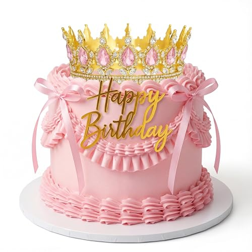Landical 8 Pcs Queen Crown Cake Topper Corona Para Pastel Princess Cake Decorations Princess Crown Happy Birthday Topper Bow Tie for Birthday Party Wedding Supplies(Gold and Pink)