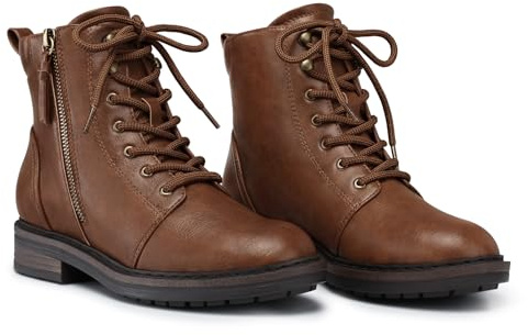 SHIBEVER Ankle Boots for Women Comfortable Lace-up Fall Fashion Combat Boots 2026 Low Heel Lug Sole Zipper Short Booties Cognac 7.5