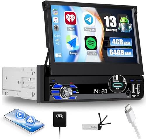 SIXWIN 4GB+64GB Android 1 Din Radio con Wireless Carplay/Android Auto/Mirror link,7 Pollici Manual Pieghevole Schermo Stereo con WiFi GPS Bluetooth 5.0 RDS/FM 2USB AUX Type-C 32EQ