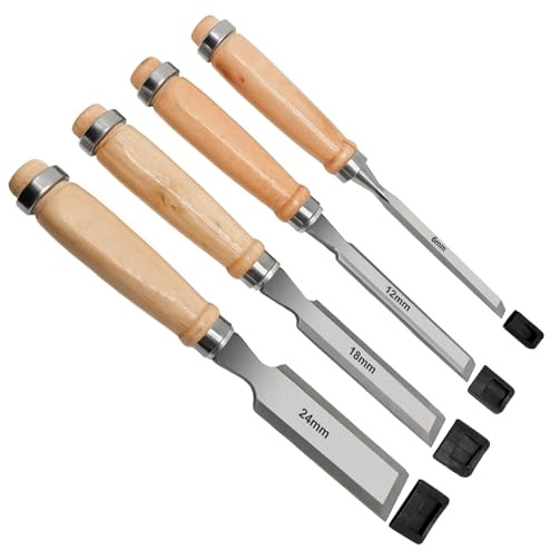 Set di 4 scalpelli per legno 6, 12, 18, 24 mm, manico in legno, acciaio al carbonio, utensili per intagliare il legno, set di ferro per principianti e professionisti