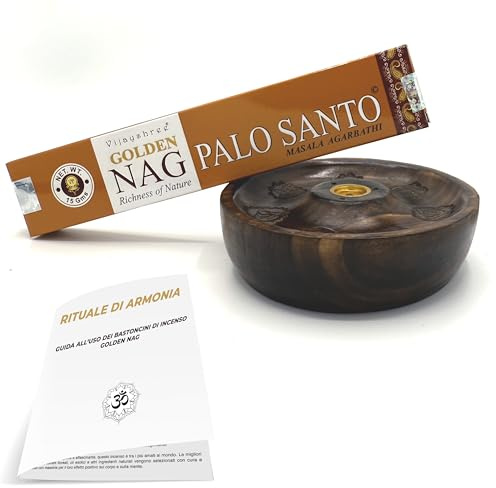 Mamami|Golden Nag Incensi|Set Starter Pack Premium|1 Conf. x 15 gr e PortaIncenso|Palo Santo|Porta Incenso in Mango| Incenso Bastoncini Naturali per Meditazione, Yoga - Con manuale esclusivo Mamami™
