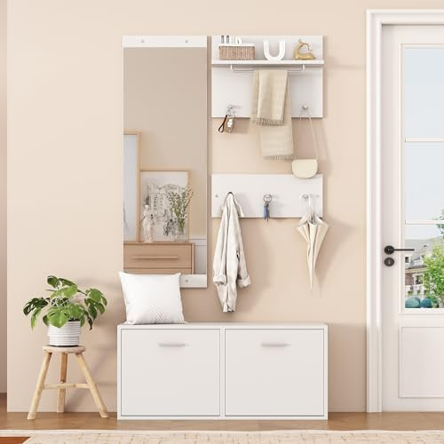 HAUSPROFI Garderoben-Set 4-Teilig, Garderobe Flur mit Schuhschrank, Spiegel, Garderobenpaneele, Wandgarderobe mit Ablage, Flurgarderoben Set (Weiß, 90x41.5x30cm)