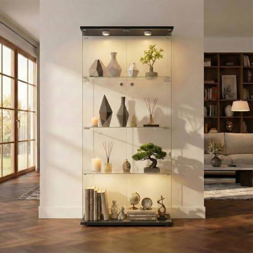 LARFOEK Vetrina in vetro nero con illuminazione a LED, 164,5 x 80,6 x 36,5 cm, moderna vetrina con 4 ripiani in vetro e 2 ante, armadietto in vetro per soggiorno, ufficio, oggetti da collezione (nero)