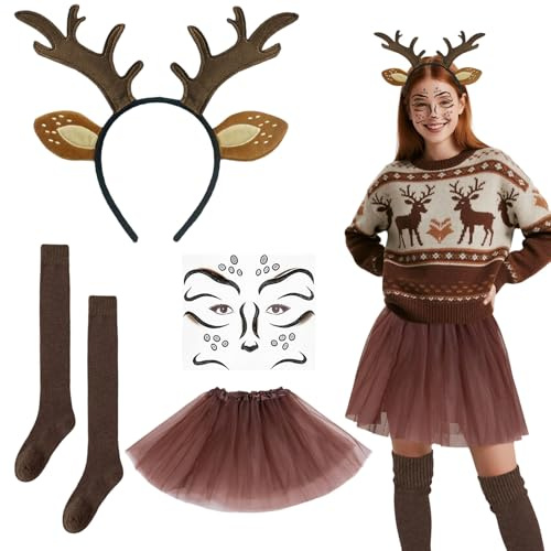 BOGCLEE Costume Renna Carnevale Donna, Cerchietto con Corna e Orecchie, Gonna Tutu, Calzini, Tatuaggio Facciale da Cervo, Accessori Per Feste a Tema Natale e carnevale