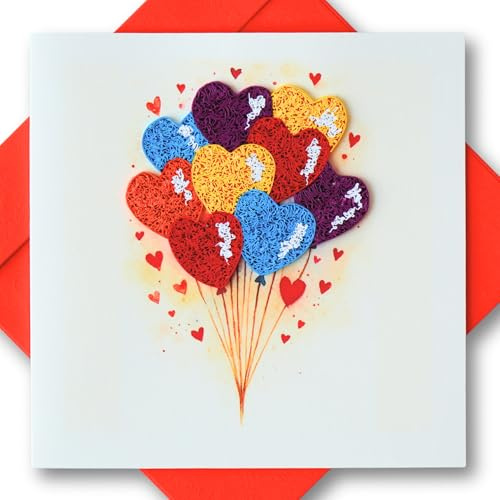 Quilling Birthday Card with Envelope - Handmade Colorful Heart Balloon Bouquet Celebration - Quilled Card for Her, Friend, Daughter - Valentine's Day Greeting Card - Paper Quilling Art 6x6 Inch