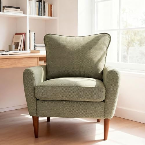 OLIXIS Comfy Accent Chair for Living Room Bedroom and Waiting Room, Upholstered Mid-Century Reading Chair with Pillow and Solid Wood Legs, Wide Singe Modern Lounge Sofa (Green, 2 Pack)