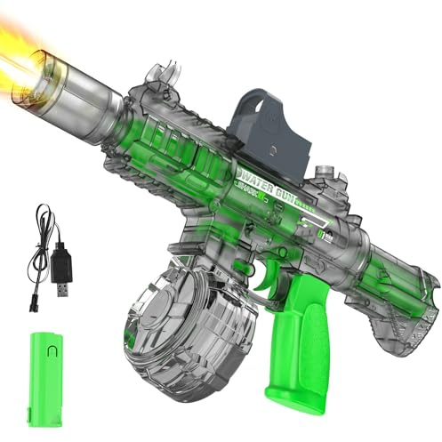 Pistola de Agua Eléctrica Automática con Efecto Fuego LED y Visor, Lanzador de Agua 320ml con Alcance 8m, Juguete de Exterior para Piscina y Jardín, Regalo de Verano para Niños y Adultos (Gris)
