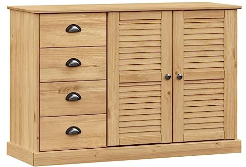 zylophax VIGO - Credenza con cassetti in legno di pino massiccio, 113 x 40 x 75 cm, comò per soggiorno e corridoio, credenza con vano portaoggetti, armadio da soggiorno con design a persiane, facile