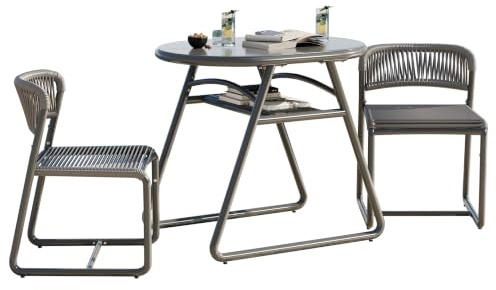 Garvee Set Bistró Jardín 3 Piezas,1 Mesa con Estante y 2 Sillas PE Ratán | Fácil de Montar, Cómoda, Respaldo Curvado,Ahorra Espacio, UV protection,Conjunto Jardin Exterior para Patio, Cafetería