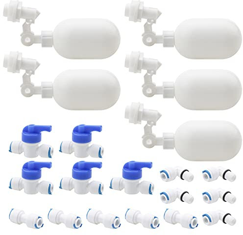 Pxyelec Seite Installieren Schwimmer Kugelhahn, 1/4 OD Quick Connect Push In to Connect Rohrverschraubungen Set, Verstellbarer Arm Schwimmerventil für RO Wasser Umkehrosmoseanlage Wasser