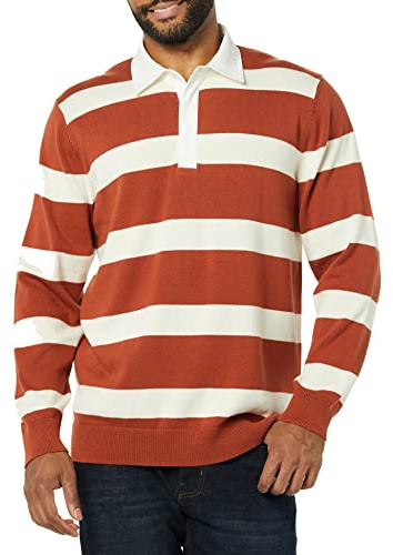 Amazon Essentials Men's Rugby Sweater, Chestnut Brown Stripe, Large