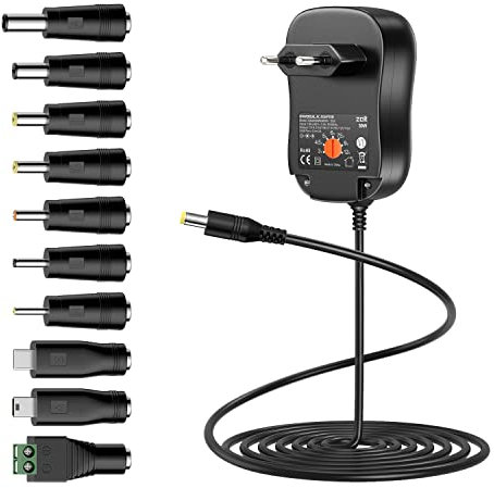 Zolt Adaptateur Secteur Universel 3V 4.5V 5V 6V 7.5V 9V 12V AC DC Adaptateur Multi-Tension avec Port USB 5V 2A et 10 Connecteurs DC, 2000mA Max.
