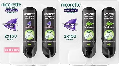 Nicorette Quickmist SmartTrack and Cool Berry Nicotine Mouthspray, 2 Units x 150 Sprays & QuickMist SmartTrack 1 mg/Spray, Nicotine Freshmint 2 x 150ml
